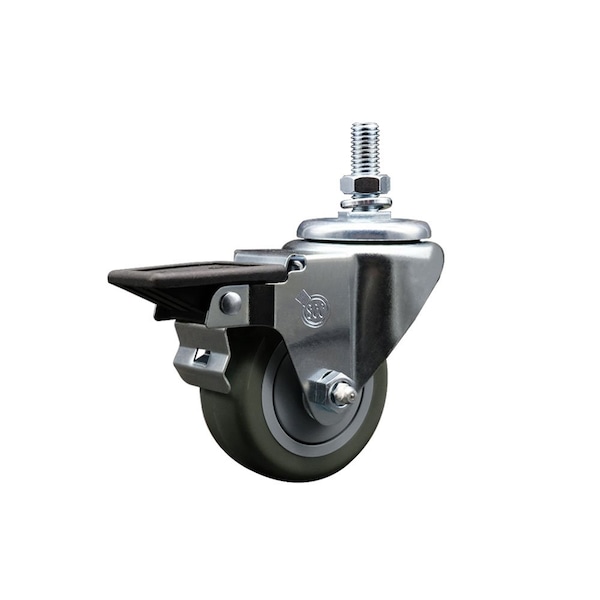 3 Inch Gray Polyurethane 10 MM Threaded Stem Caster with Brake
